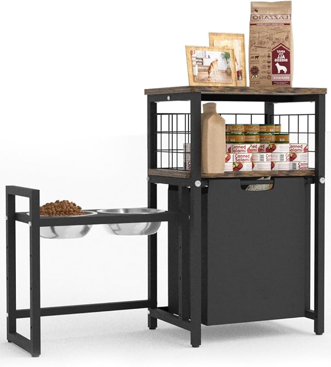 30.6Long x 26.2 High Elevated Dog Bowl Stand with Pet Food Storage Organizer, Adjustable Raised Feeding Station with Toy Basket for Large Medium Small Dogs and Cats, Black