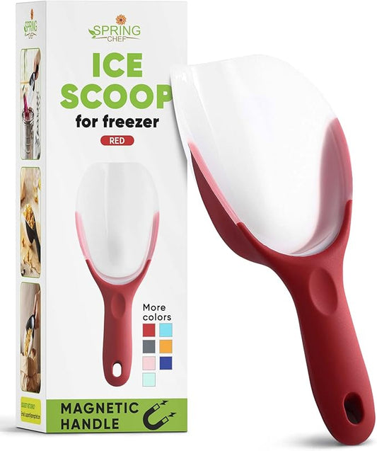 Spring Chef Red Magnetic Ice Scoop for Freezer & Ice Machine - Multifunctional BPA-Free Plastic Scoop with Soft Grip Handle - Kitchen Food Scooper for Flour, Rice, Popcorn, Dog Food - Dishwasher Safe
