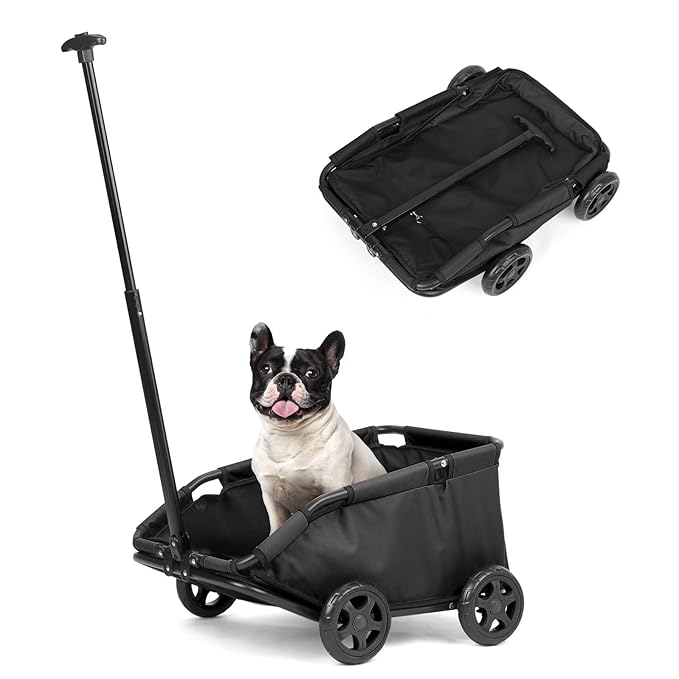 Mini Dog Strollers for Mini Pets, Foldable Multifunctional Shopping Carts with Extendable Pull Handle, Doggie Wagon Built-in Cushion and Safety Rope with Storage Bag (Black)
