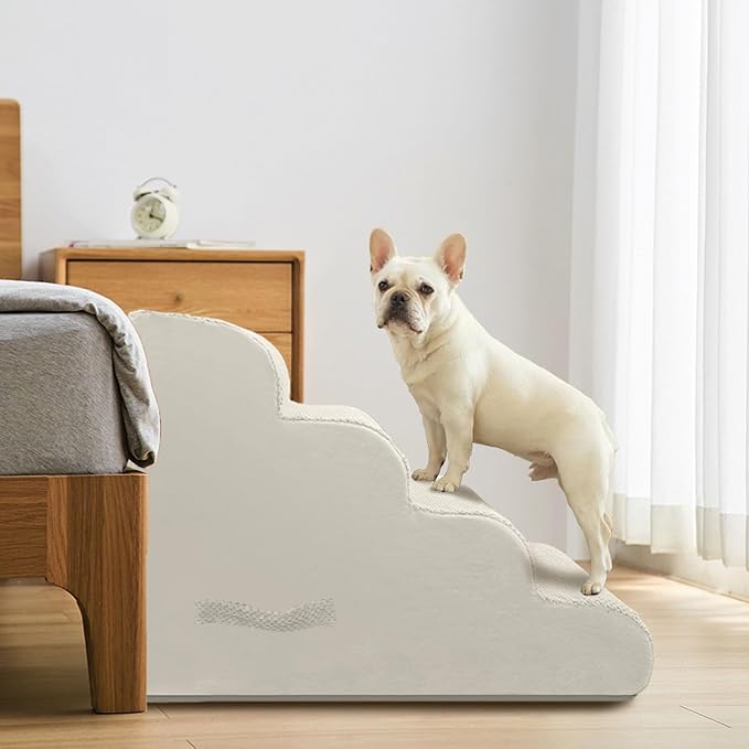 PAWSCART Pet Stairs for Dogs 4-Step, 19.6" H Pet Stairs for High Bed, Couch Sofa & Chair, 30D Material Soft Foam Dog Steps with Non-Slip Bottom Surface Removable Washable Cover, Beige