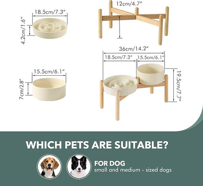 Ceramic 1.2 Cup Raised Slow Feeder Dog Bowl Set, Elevated 6.1inch Bowl and 7.3inch Puzzle Slow Food Dish with Wooden Stand for Medium and Small Dog, Anti-Gulping (2 x Beige+ Stand)