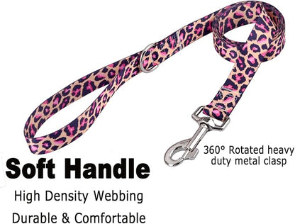 Dog Collar and Leash Set with Bohemia Floral Tribal Geometric Patterns - Soft Ethnic Style Collar Adjustable for Small Medium Large Dogs(Pink Leopard Set,XS)