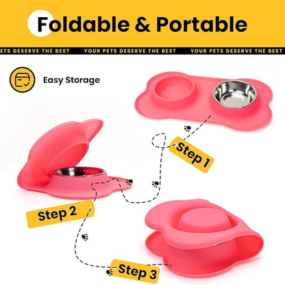 Dog Bowls with Non-Slip Silicone Mat, Spill Proof Large Food & Water Bowls Set, Easy Clean Dog Food Dish, Dishwasher Safe, Suitable for Dogs Cats Pet Under 90lbs, Large, Pink
