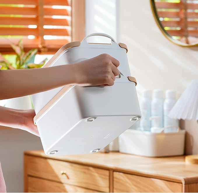 ANMINY 8PCS All-in-One Lidded Plastic Storage Bins Set White Desk Basket Box Drawer Organizer Kitchen Food Container with Handles Removable Lids Decorative Clothes Laundry Closet Cabinet Shelf Cube