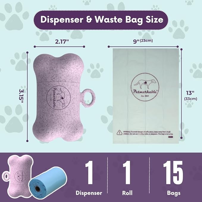 Complete Earth-Conscious Dog Waste Kit: Wheat Straw Waste Bag Dispenser with one corn starch 15-bag waste bag roll, Carabiner, Elastic Band for Secure Leash Attachment, Leak-Proof (Pink)