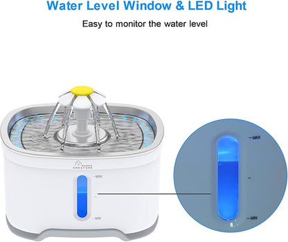 Wonder Creature Cat Water Fountain Stainless Steel, 84oz/2.5L Automatic Pet Water Fountain with Water Level Window and LED Light for Water Shortage Alert