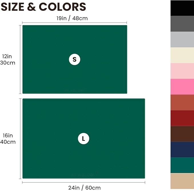 VIVAGLORY Dog Bowl Mat Grippymat Pet Food Mat, Waterproof Washable Nonslip Silicone for Pet & Cat, Food and Water Placemat with Lip & Raised Edges for Indoor Floor, L, Deep Green
