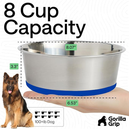 GORILLA GRIP Dog Bowls, Heavy Duty 304 Stainless Steel, Holds 8 Cups Each (64 fl oz) Food and Water Bowl for Feeding Dogs and Cats, Dishwasher Safe, Rust Resistant, BPA Free Rubber Base Set of 2 Blue