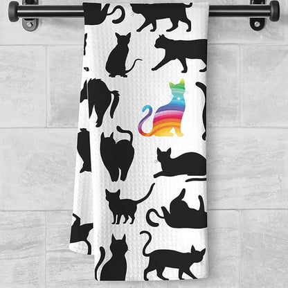 Funny Kitchen Towels - Rainbow Prismatic Feline Centerpiece Among Midnight Cat Flock, Empowering Decorative Hand Towel for Unique Cat Ladies & Nonconformist Pet Moms | Quick-Dry Novelty Dish Cloth