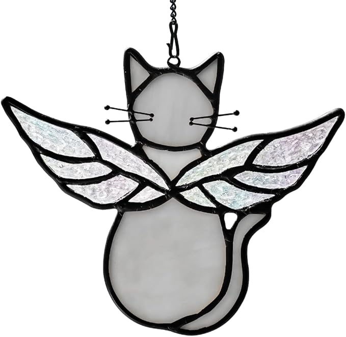 Gray Cats Gifts for Cats Lovers Suncatcher for Window,Angel Cat Memorial Gifts Stained Glass Window Hangings,Cat Loss Memorial Gifst for Women