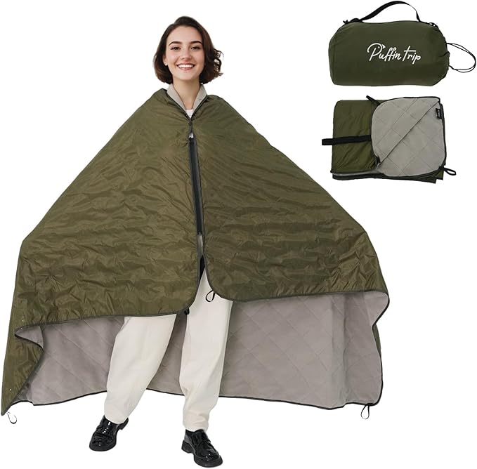 Wearable Warm Camping Blanket Waterproof Windproof Zipper Wear Quilted Fleece Stadium Blanket with Portable Bag for Outdoor Camping Picnic Sports Pet Beach Travel Car 79x55 inches Olive Green