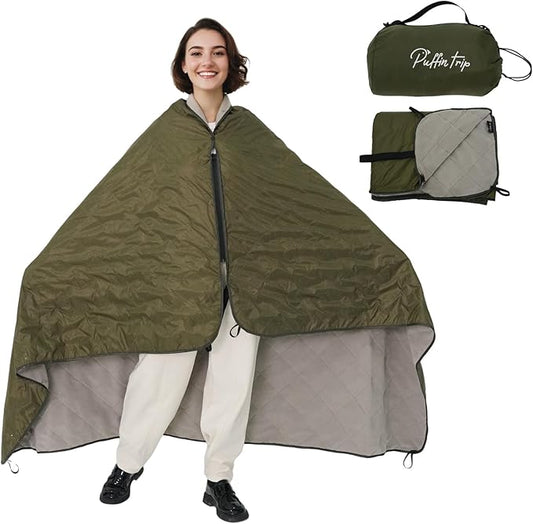 Wearable Warm Camping Blanket Waterproof Windproof Zipper Wear Quilted Fleece Stadium Blanket with Portable Bag for Outdoor Camping Picnic Sports Pet Beach Travel Car 79x55 inches Olive Green