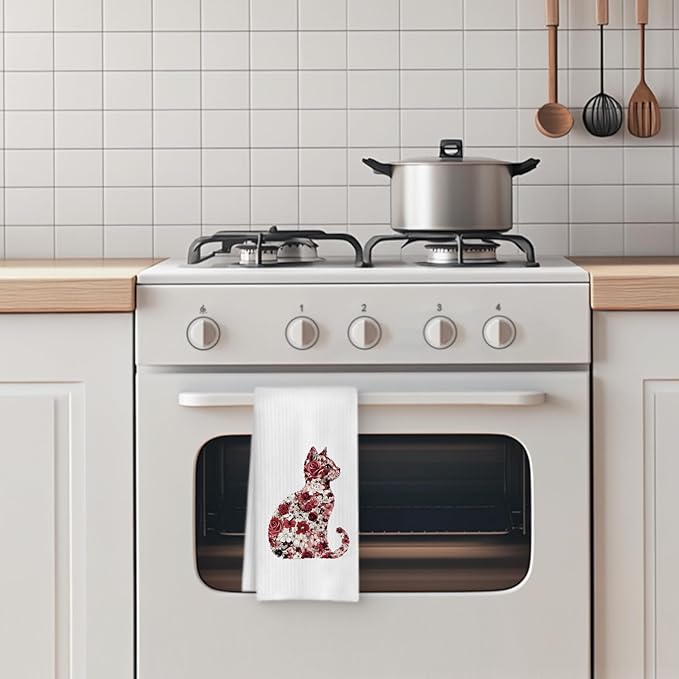 Rose Floral Cat Kitchen Towel, Floral Cat Hand Towel for Bathroom Decor, Kitten Dish Tea Towel for Kitchen Decor, Pet Gifts for Kitten Lovers Women Girls, 16x24 Inch