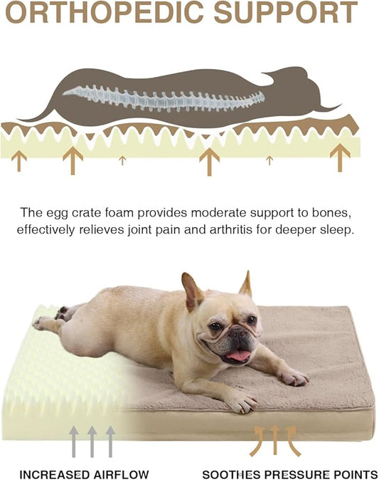 KSIIA Orthopedic Dog Bed Crate Waterproof Pet Mats for Medium Dogs Deluxe Plush Washable Pet Bed with Egg Crate Foam & Removable Cover, 29 x 18 Inch, Khaki