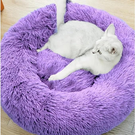 Purrfect Cat Beds - Washable 20 inches, Anti-Anxiety Round Plush Faux Fur, Thick Bottom (Purple, Medium) - Suitable for Indoor Cats & Small/Medium Dogs