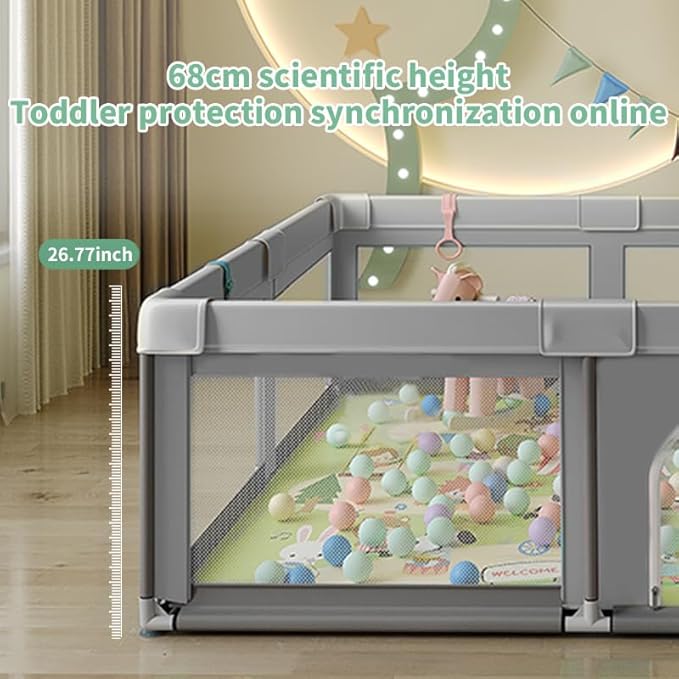 Baby Playpen, Play Pens for Babies and Toddlers, Mini Baby Fence Play Area,Safe Anti-Fall Play Yard with Gates, Small Playpen for Babies with Breathable Mesh, with Pull-Up Ring(Grey, 36" x36")