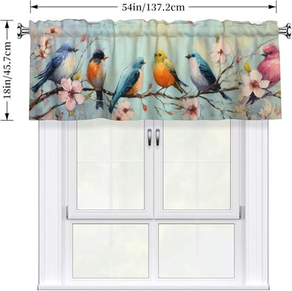 Spring Floral Bird Curtain Valance Short Rod Pocket Window Treatment for Living Room Bedroom Kitchen Bathroom 1 Panel 54" W x 18" L