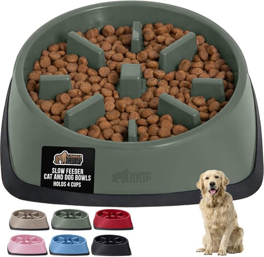 GORILLA GRIP Patented BPA Free Slow Feeder Dog Bowls, 4 Cup Interactive Puzzle Toy for Dogs and Cats Food Training Enrichment, Keeps Pets Busy and Prevents Puppy Overeating, Large Breeds, Sage Green