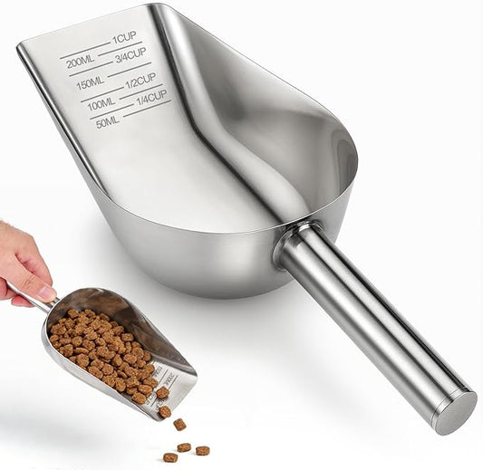 Palksky Dog & Cat Food Scoop, 1 Cup Stainless Steel Pet Food Measuring Cup with Long Handle, Precision Scale, Easy to Clean for Wet or Dry Food, 1 Pack