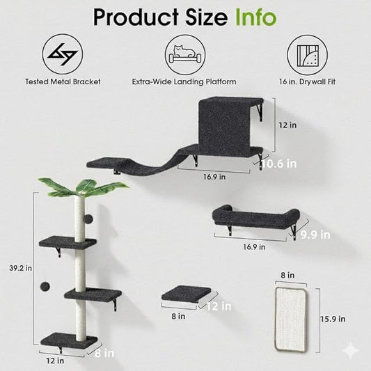 5-in-1 Cat Wall Shelves for 16 Inch Drywall: Space-Saving Wall Mounted Cat Shelves with Climbing, Perch & Lounge