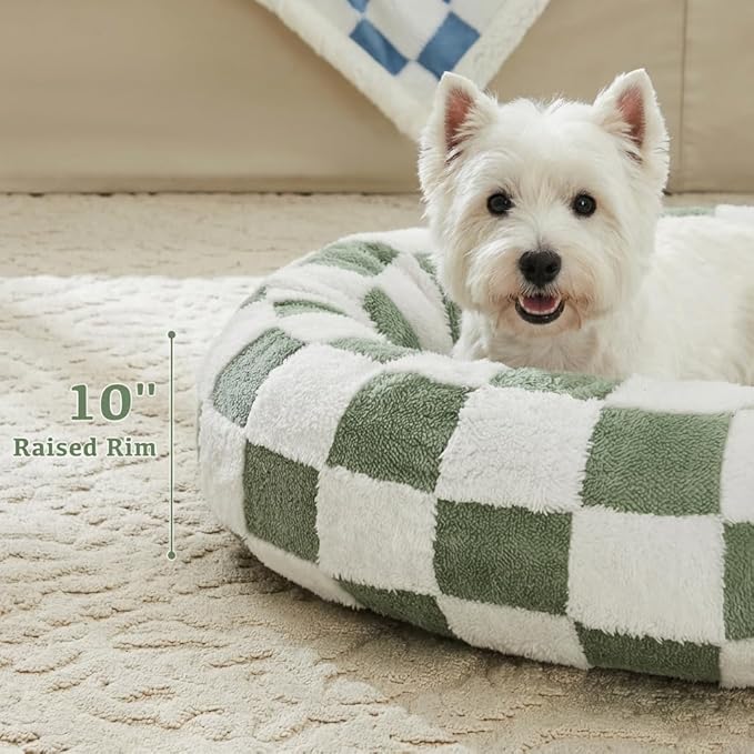 Checkered Dog Bed, Cute Sage Green Retro Style Aesthetic Round Warming Pet Calming Beds for Small Dog and Cats, Plush Cozy Donut Washable, 30" L x 30" W x 8" Th