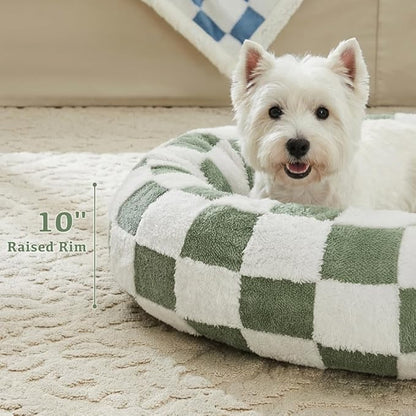 Checkered Dog Bed, Cute Sage Green Retro Style Aesthetic Round Warming Pet Calming Beds for Small Dog and Cats, Plush Cozy Donut Washable, 30" L x 30" W x 8" Th