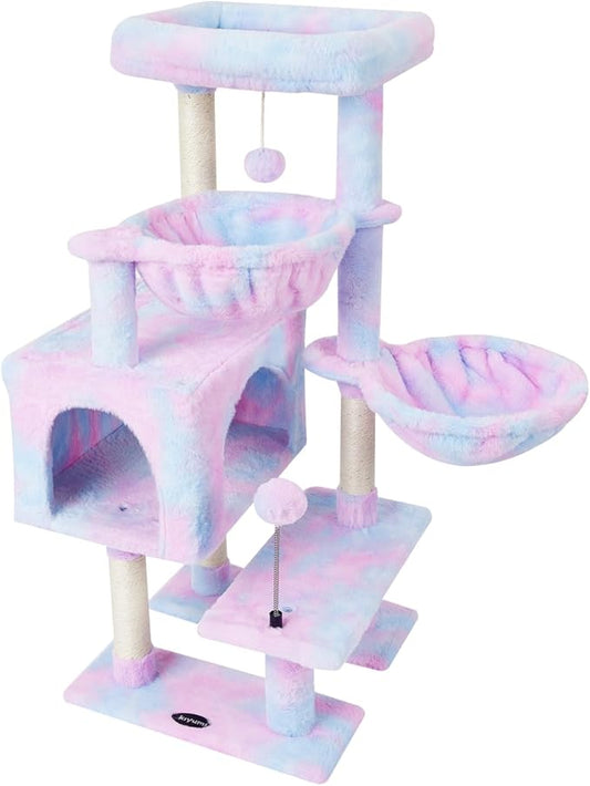 KIYUMI Cat Tree Cat Tower Condo with Sisal Scratching Post for Indoor Cats Cat Tree Cat Furniture with Hammock Perch and Kitten Ball Toys, Multi-Level Pet Activity Center Rainbow