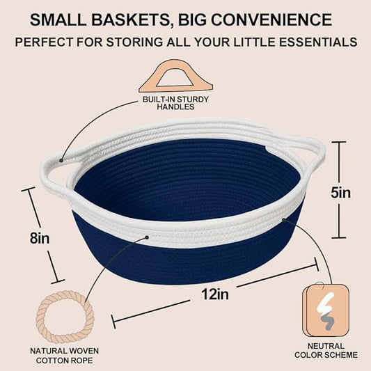Woven Cotton Rope Gift Basket, Small Baskets for Gifts Empty, Cute Baby Nursery Basket, Pet Toy Storage Bin for Dog Cat, Decorative Wicker Home Organizer with Handles, 12"x 8"x 5", Blue