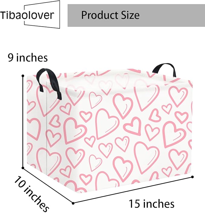 Rectangular Valentines Basket for Home Kitchen Girls Cute Kids Storage Bin Organizer Shelf Book Room Decor(Pink Line Hearts)