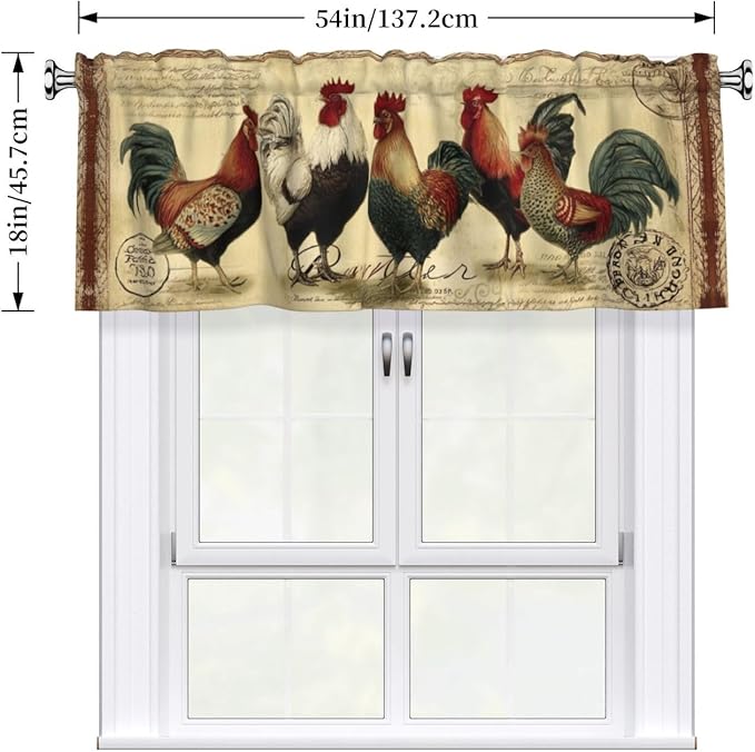 Worltoldb Vitange Chicken Curtain Valance Short Rod Pocket Window Treatment for Living Room Bedroom Kitchen Bathroom 1 Panel 54" W x 18" L