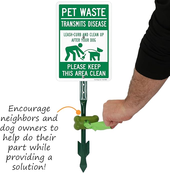 SmartSign Pet Waste Transmits Disease Leash/Curb/Clean Up Yard Sign & Clip-On Dispenser Combo/Kit, 7"x10" Aluminum Sign with 18-inch Steel Stake, Compact Dispenser Preloaded with a 15 Poop Bags Roll