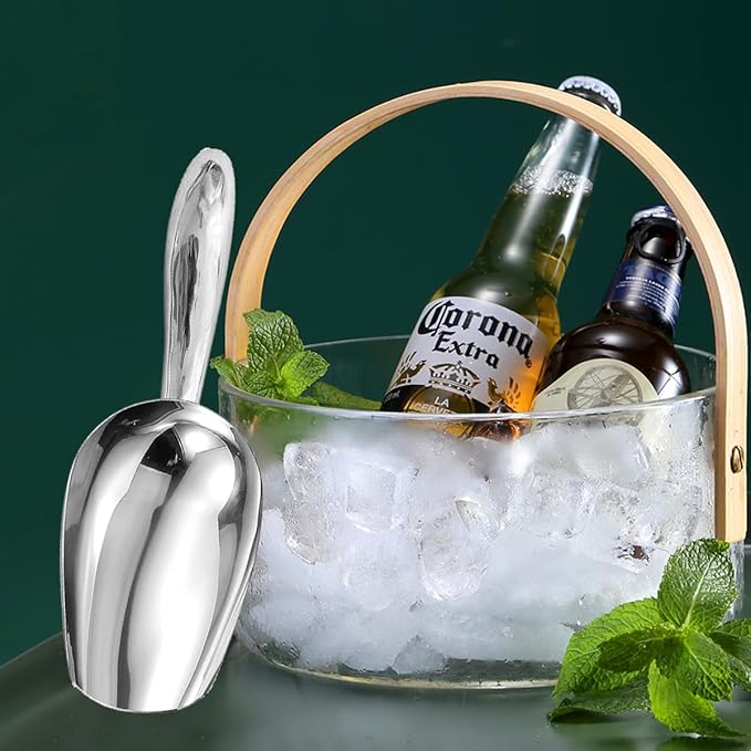 Metal Ice Scoop，Kitchen Ice Scooper for Ice Maker,Stainless Steel Small Ice Scooper for Freezer，Kitchen Gadgets Cookie Flour Pet Dog Food Scoop (Curved handle silver, 6OZ)
