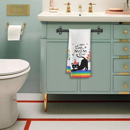 Birthday Gift for Cat Moms-Cute Kitchen Towel with Party Hat Kitty & Confetti Design,Quick-Drying Decorative Hand Towel for Kitchen & Bathroom Decor,Funny Feline Lover Accessories for Crazy Cat Ladies