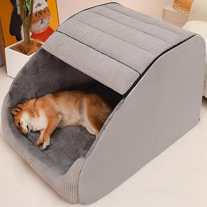 Large Dog House Indoor, Soft Plush Dogs Cave Bed Covered Pet Bed with Fluffy Washable Cushion, Portable Dog/Cat Pet Tent House for Medium Large Dogs (Grey, Medium)