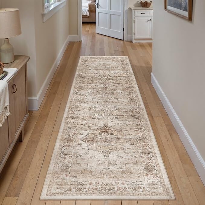 Washable Runner Rug 2x8 for Hallway Beige Vintage Long Carpet Soft Low Pile Non Slip Throw Rug Floral Distressed Accent Rug for Entryway Bathroom Office Laundry Dining Room