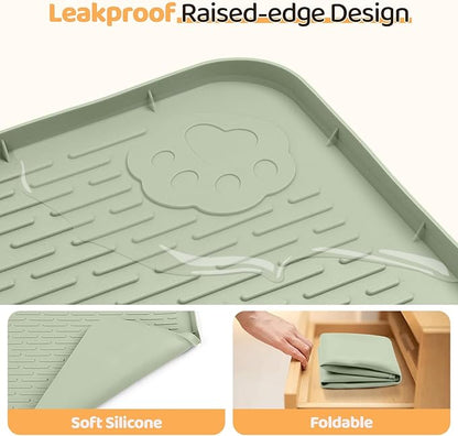 Dog Food Mat, Extra Large 34" x 22" Silicone Pet Feeding Mat with Raised Edge Pet Placemat for Small, Medium, and Large Pets Non-Slip, Easy to Clean (Light Green)