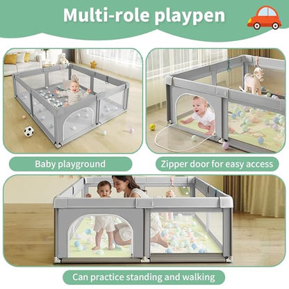 Large Baby Playpen,59" x 71" Baby Playard for Babies and Toddlers, babyFence Play Pens for Indoor & Outdoor, Sturdy Safety Play Yard with Soft Breathable Mesh, Anti-Fall (Grey)