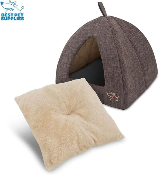 Best Pet Supplies Dog House Bed Crate Mat Tent Indoor Round Soft Plush for Small, Medium, and Large Breeds - Brown Linen, 16" x 16" x H:14"
