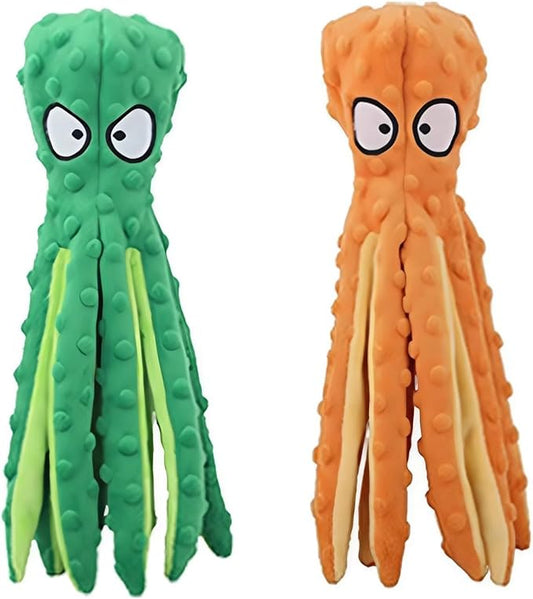 Squeaky Octopus Dog Toy – No Stuffing, Crinkle Sound Plush Chew Toy for Small and Medium Dogs – Durable and Machine Washable – 2 Pack (Orange & Green)