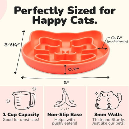 Snuggli Slow Feeder Cat Bowl | Cat Puzzle Feeder for Slow Eating, Mental Enrichment, Digestion, & Bloat Relief | Non-Slip Silicone, Dishwasher Safe, 1 Cup (Coral)