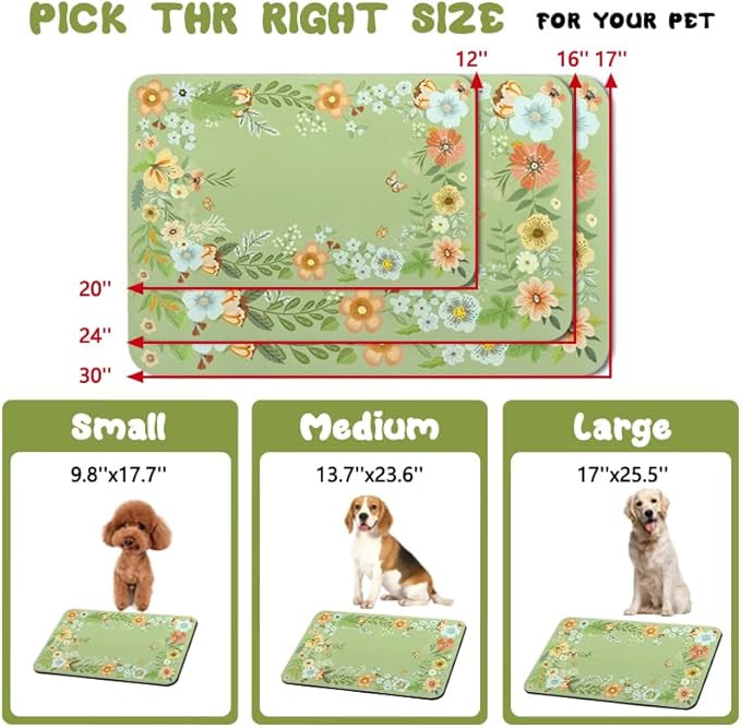 Dog Food Mats for Floors Waterproof, Pet Water Bowl Mats Pet Feeding Absorbent Placemats Flower 16 * 24 inch