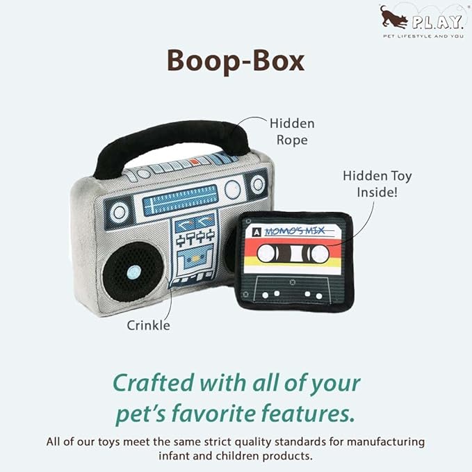 P.L.A.Y. Cute Plush Dog Toys - 1980s Classics Themed Durable Squeaker 2-in-1 Chew Toy, Great for Puppies & Small, Medium, Large Dogs - Machine Washable, Recycled Materials (Boop Box Boombox & Casette)