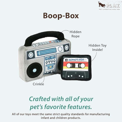 P.L.A.Y. Cute Plush Dog Toys - 1980s Classics Themed Durable Squeaker 2-in-1 Chew Toy, Great for Puppies & Small, Medium, Large Dogs - Machine Washable, Recycled Materials (Boop Box Boombox & Casette)