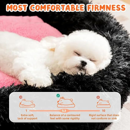 Calming Dog Cat Bed, Anti-Anxiety Donut Warming Cozy Soft Round Bed, Machine Washable, Fluffy Faux Fur Plush Cushion Bed for Small Medium Dogs and Cats 25.6 in