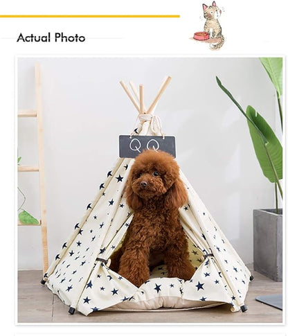 Cat Teepee Tent 16" x 20", Washable Small Dog Teepee Tent, Indoor House Non Slip Reusable Thicked Soft Comfort Cotton Cushion Bedding for Small Dogs Cat Rabbit Hamster Chinchillas Rat, Stars