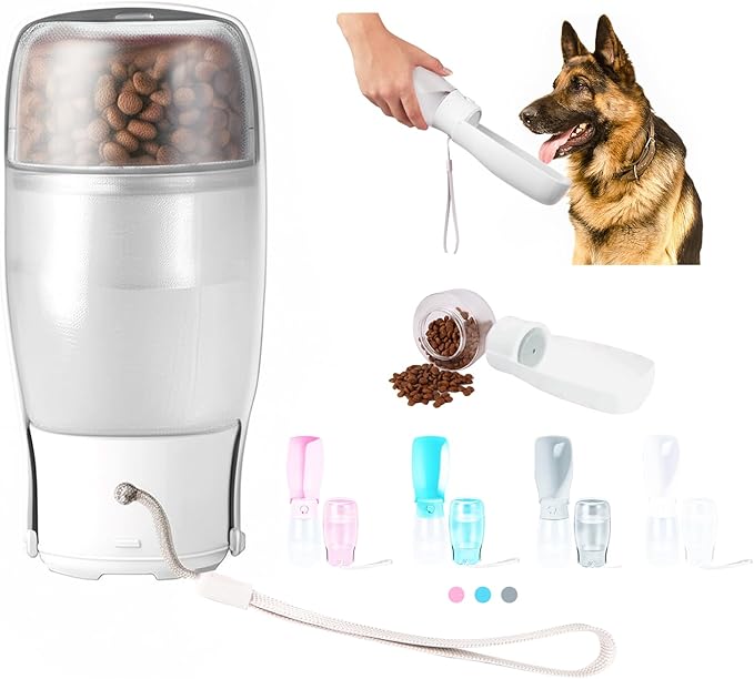 2-in-1 Foldable Pet Travel Water Bottle, Feeding Vessels for Pets, 11.8oz Water & 7oz Food Container for Dogs and Cats, Portable Leak-Proof Dispenser for Hiking, Walking & Camping White