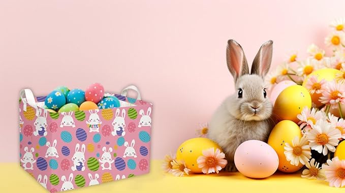 Essme Rectangular Pink Easter Baskets, Easket Basket for Kids with Handles for Easter Decor,Shelf Basket,Toy Organizer,Easter Gift.(Pink Easter)