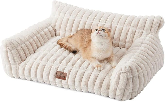Joydeco Cat Couch for Pets, 24 inch Plush Pet Sofa, Cat Bed for Indoor Cats with Removable Washable Cover, Supportive Pet Sofa, Cream