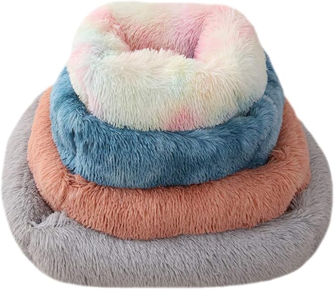 La La Pet® Donut Dog Cat Bed Cozy Cave Pet Bed Burrow Dog Bed Calming Cuddler Self-Warming Pet Bed Soft Plush Pet Cushion Improved Sleep for Cats Small Medium Dogs Rainbow S