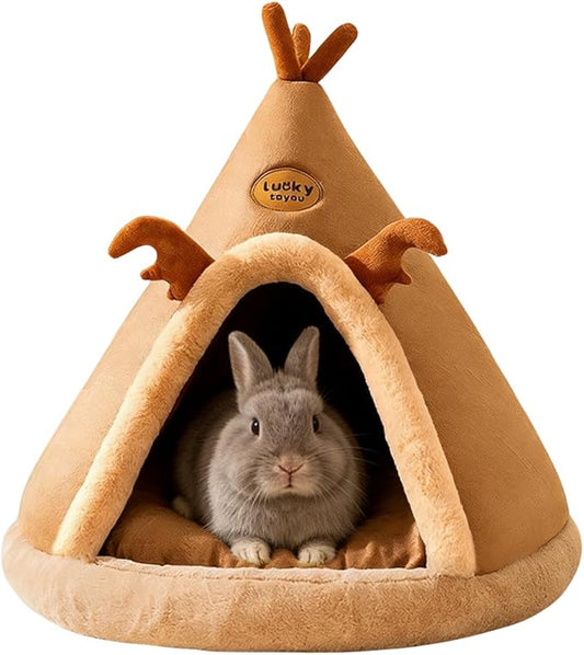 Rabbit Cave Bed, Comfortable Triangle Pet Teepee, Holiday Bunny Cave House and Bed, Extremely Cozy and Warm Tent for Cat Rabbit and Small Dog (Brown,Medium)